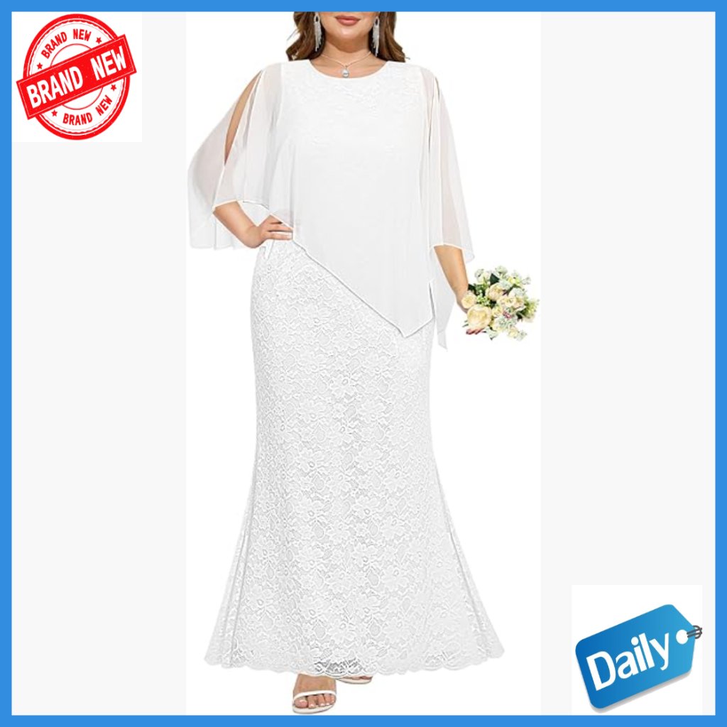 Plus Size Formal Mermaid Gown With Chiffon Cape Lace Evening Dress